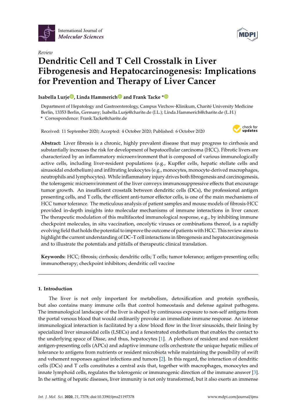 Dendritic Cell and T Cell Crosstalk in Liver Fibrogenesis and Hepatocarcinogenesis: Implications for Prevention and Therapy of Liver Cancer