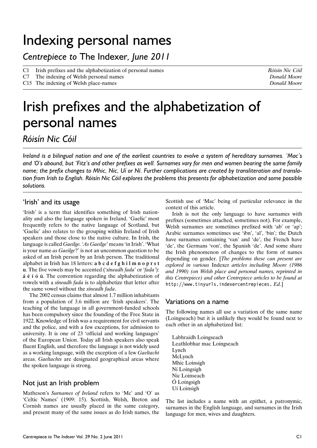 Irish Prefixes and the Alphabetization of Personal Names