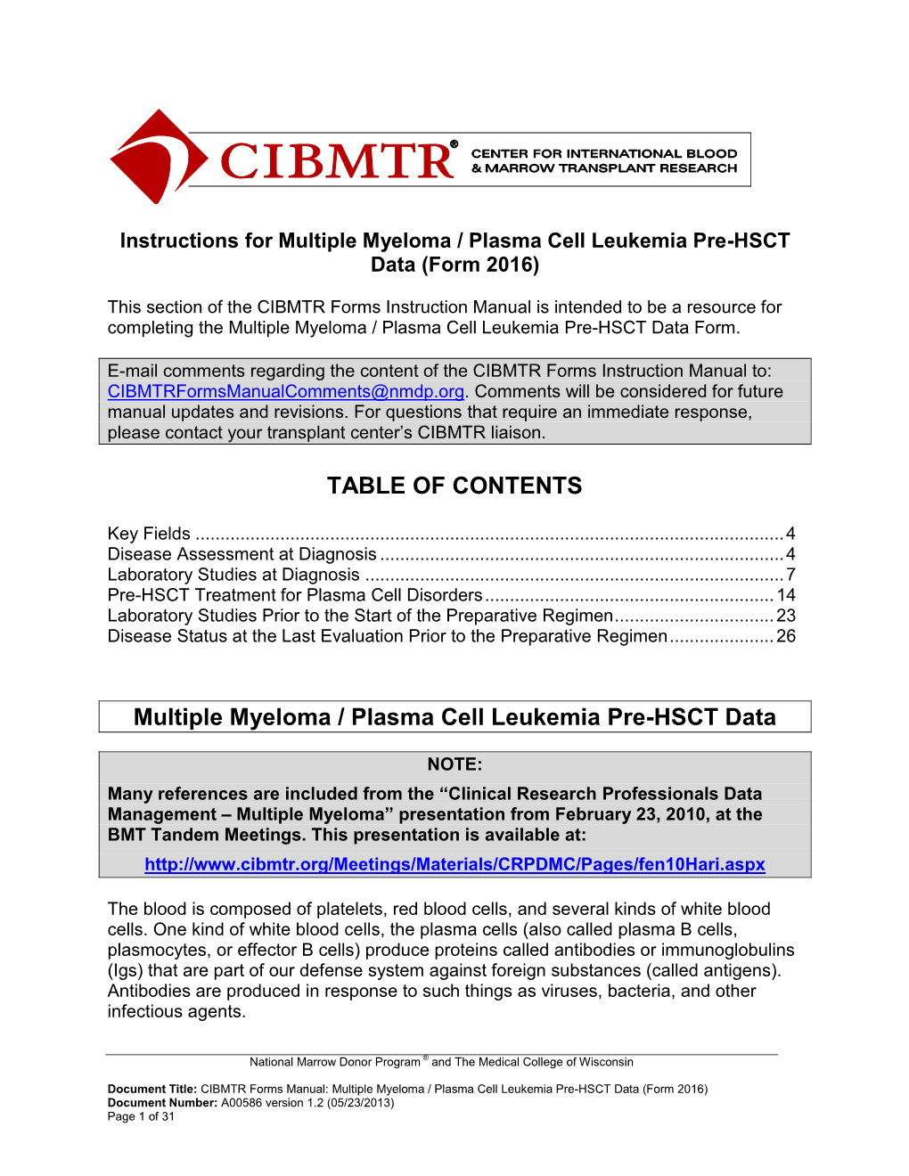 TABLE of CONTENTS Multiple Myeloma / Plasma Cell Leukemia