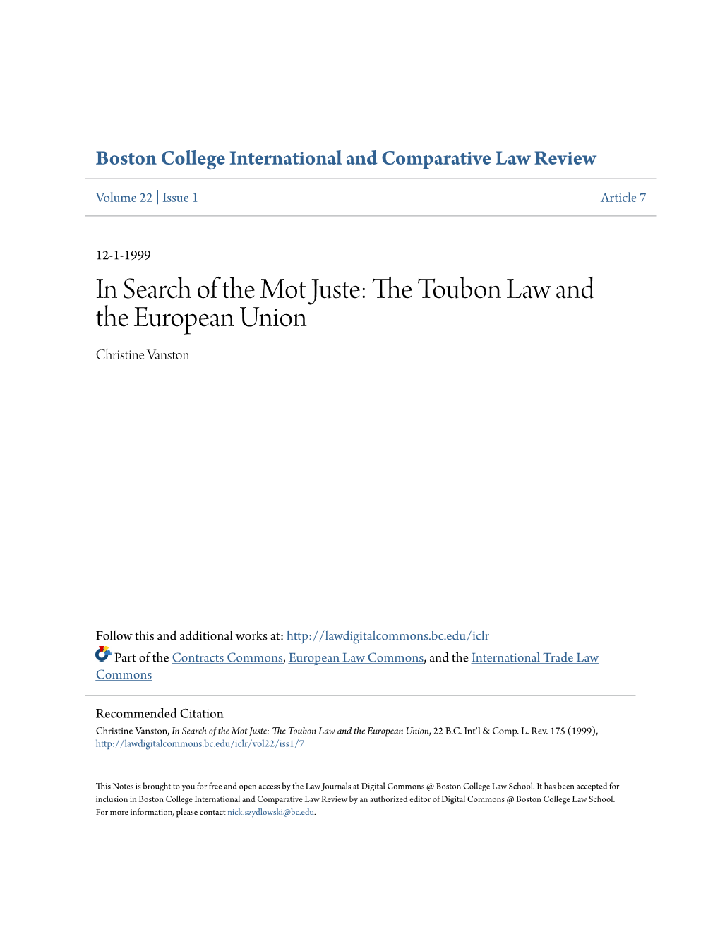 The Toubon Law and the European Union, 22 B.C