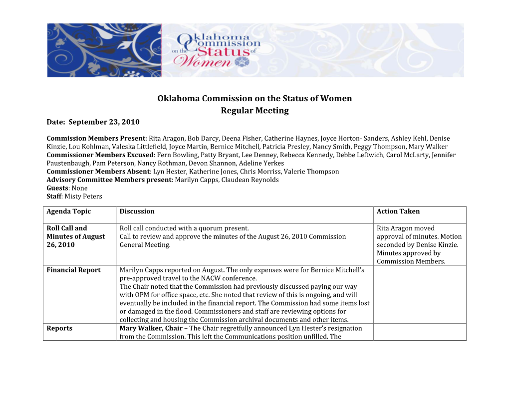 Oklahoma Commission on the Status of Women Regular Meeting Date: September 23, 2010