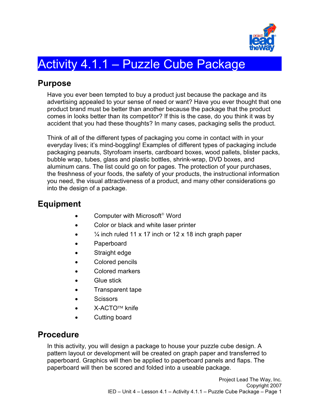 Activity 4.1.1: Puzzle Cube Package