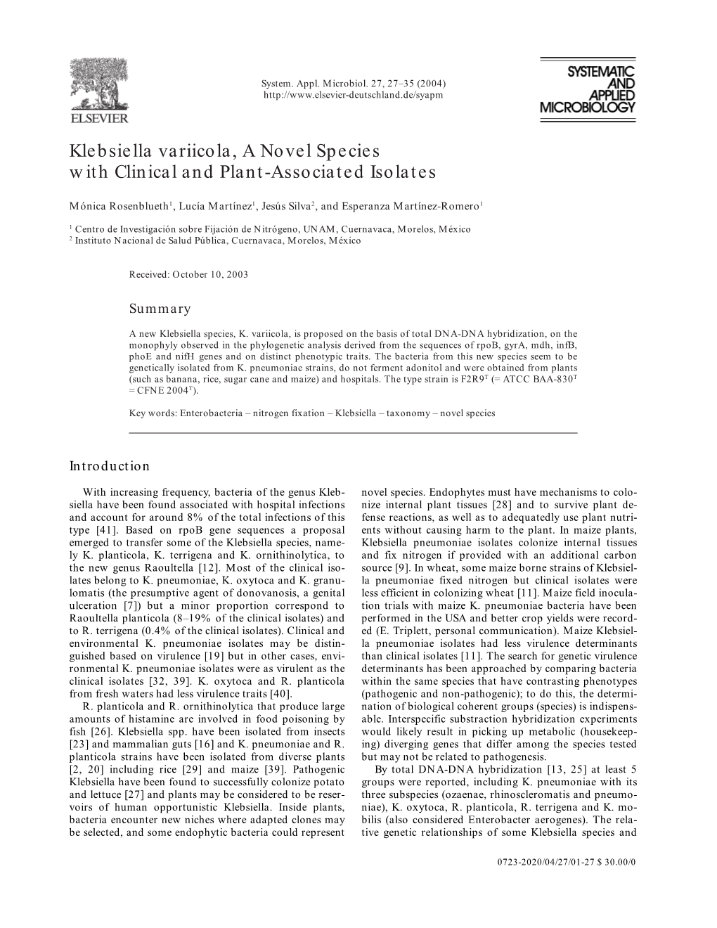 Klebsiella Variicola, a Novel Species with Clinical and Plant-Associated Isolates