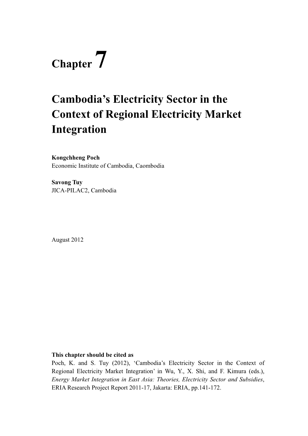 Chapter 7 Cambodia's Electricity Sector in the Context of Regional Electricity Market Integration