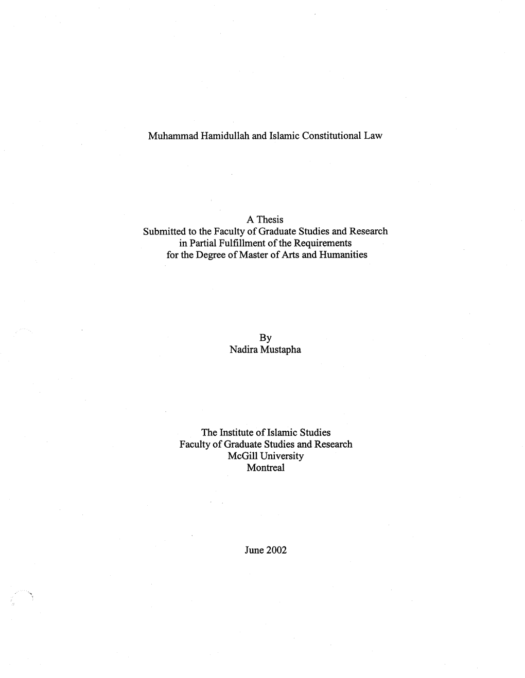 Muhammad Hamidullah and Islamic Constitutional Law a Thesis