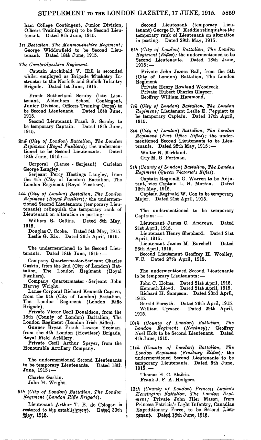 Supplement to the London Gazette, 17 June, 1915. 5859