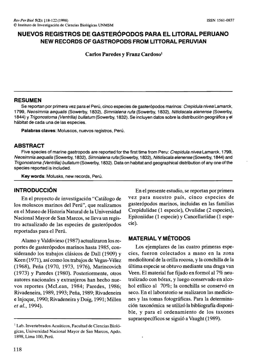 Nuevos Registros De Gasterópodos Para El Litoral Peruano New Records of Gastropods from Littoral Peruvian