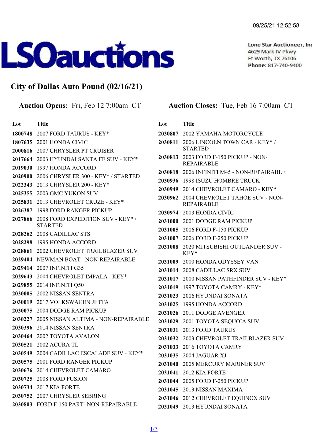 City of Dallas Auto Pound (02/16/21)