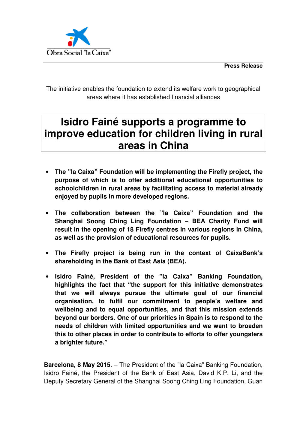 Isidro Fainé Supports a Programme to Improve Education for Children Living in Rural Areas in China