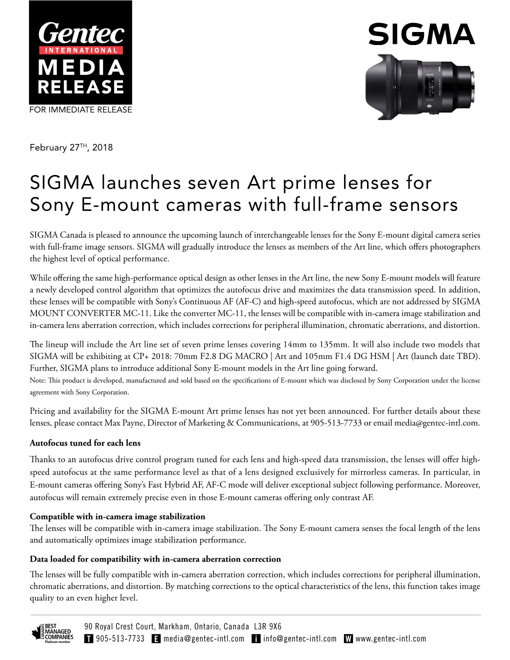 SIGMA Launches Seven Art Prime Lenses for Sony E-Mount Cameras with Full-Frame Sensors