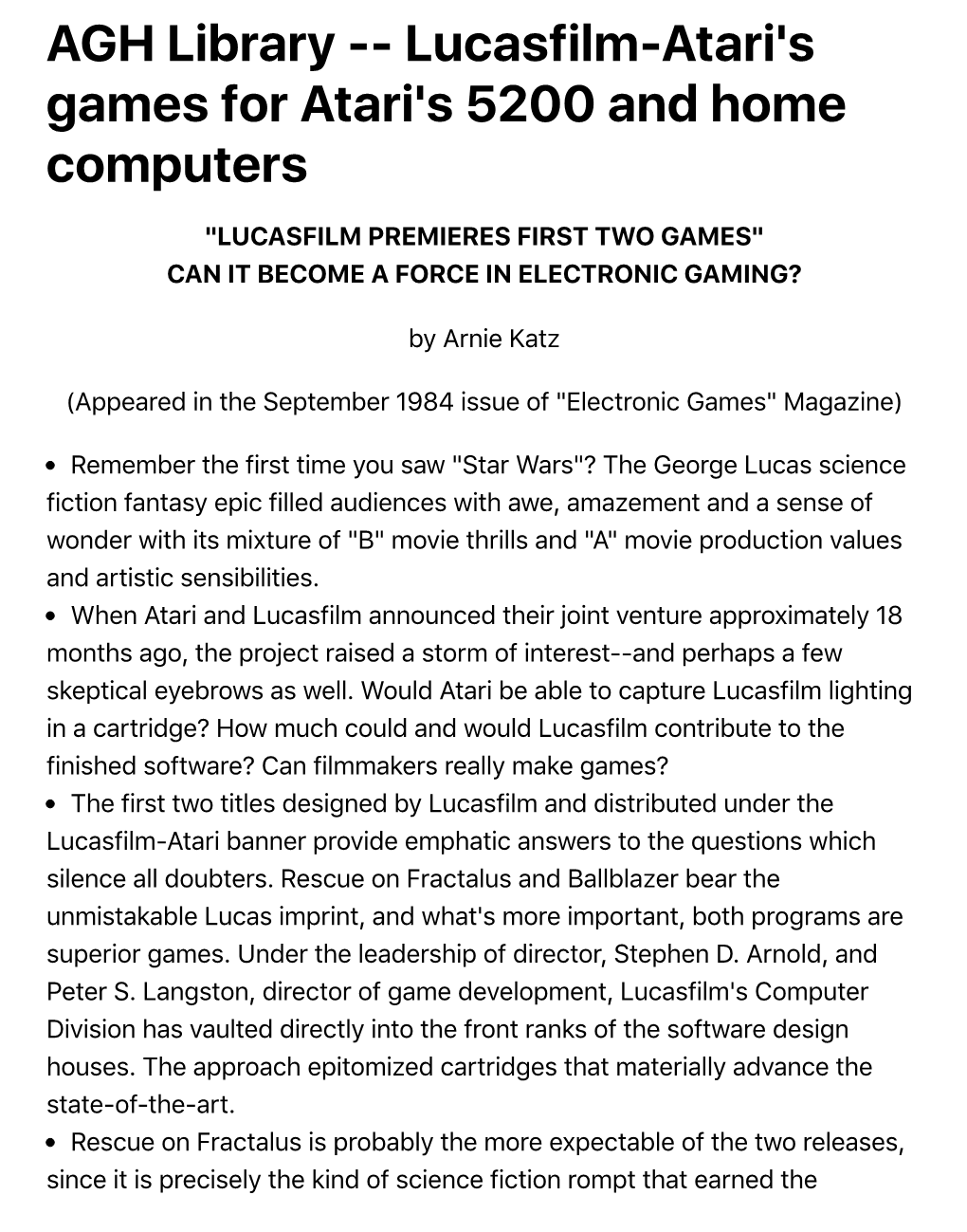 Lucasfilm-Atari's Games for Atari's 5200 and Home Computers