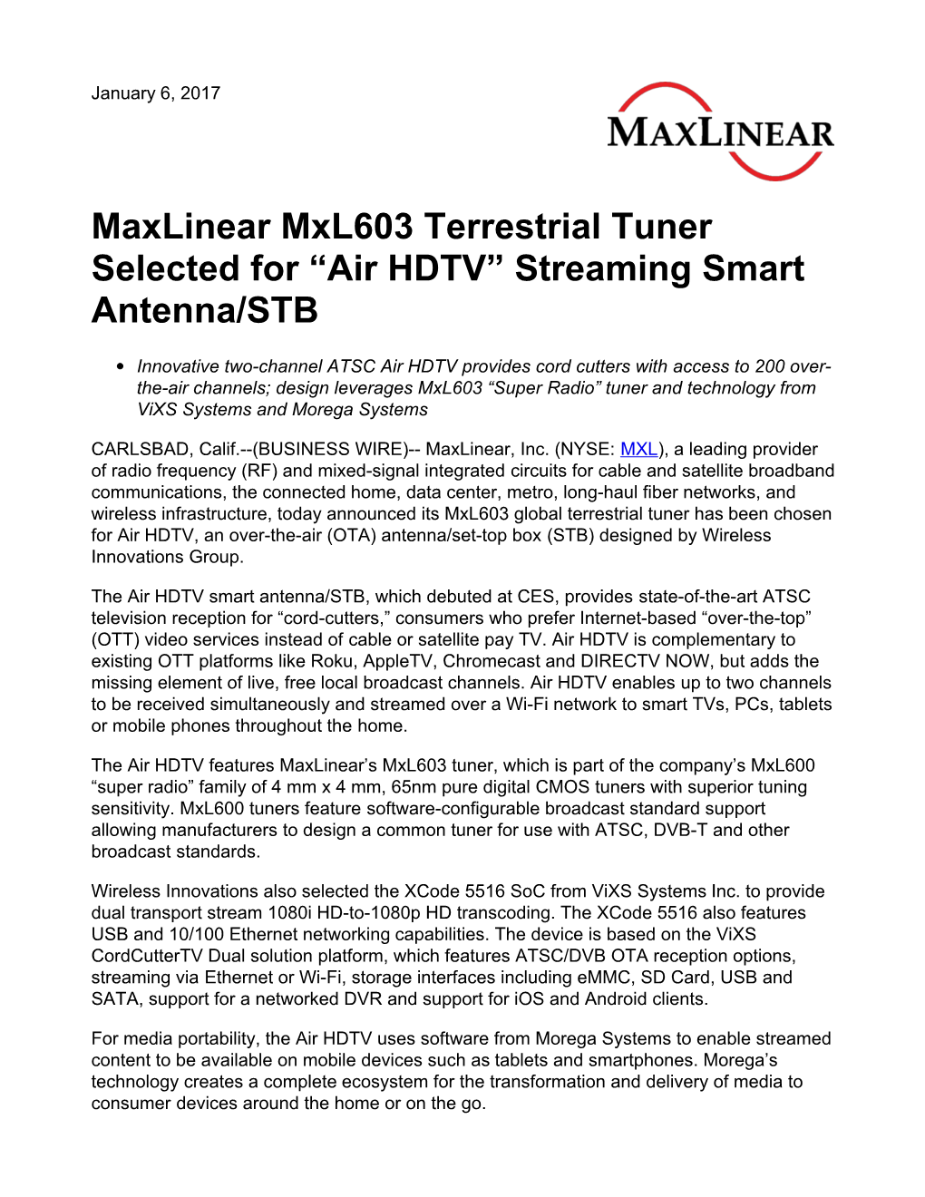 Maxlinear Mxl603 Terrestrial Tuner Selected for “Air HDTV” Streaming Smart Antenna/STB