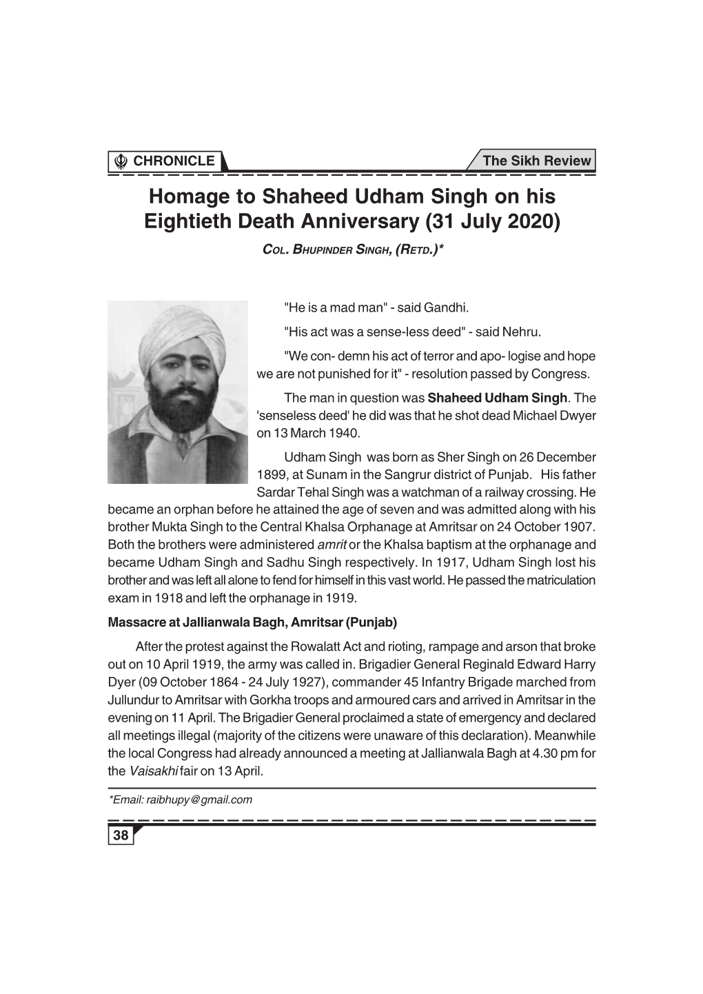 Homage to Shaheed Udham Singh on His Eightieth Death Anniversary (31 July 2020)