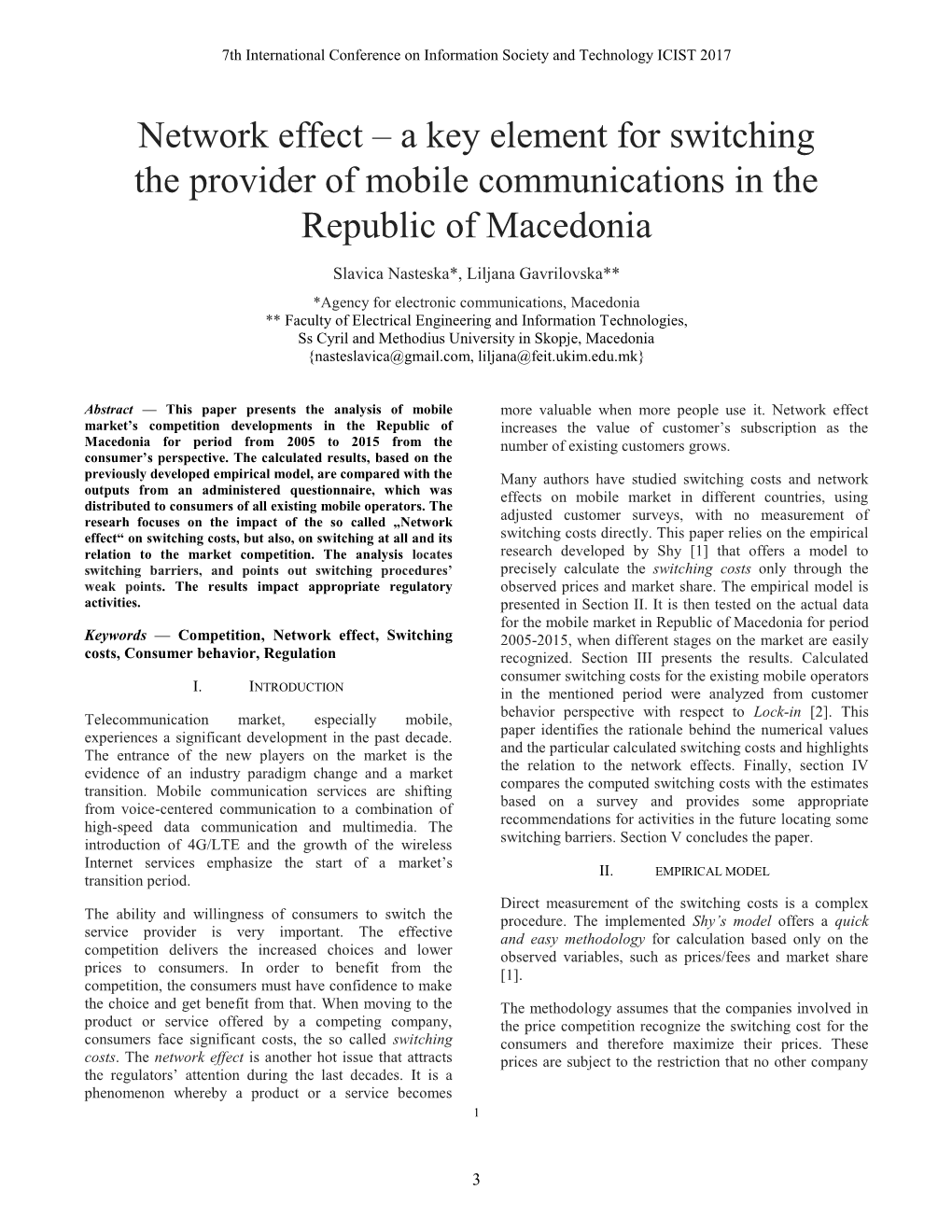 Network Effect – a Key Element for Switching the Provider of Mobile Communications in the Republic of Macedonia