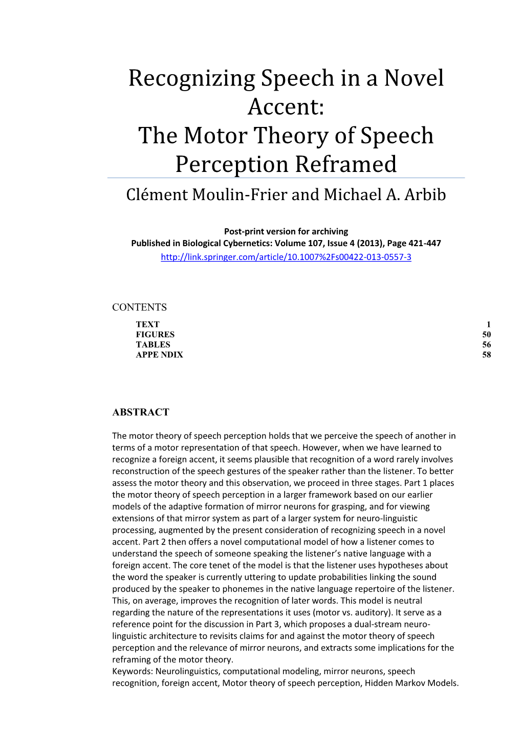 The Motor Theory of Speech Perception Reframed Clément Moulin-Frier and Michael A
