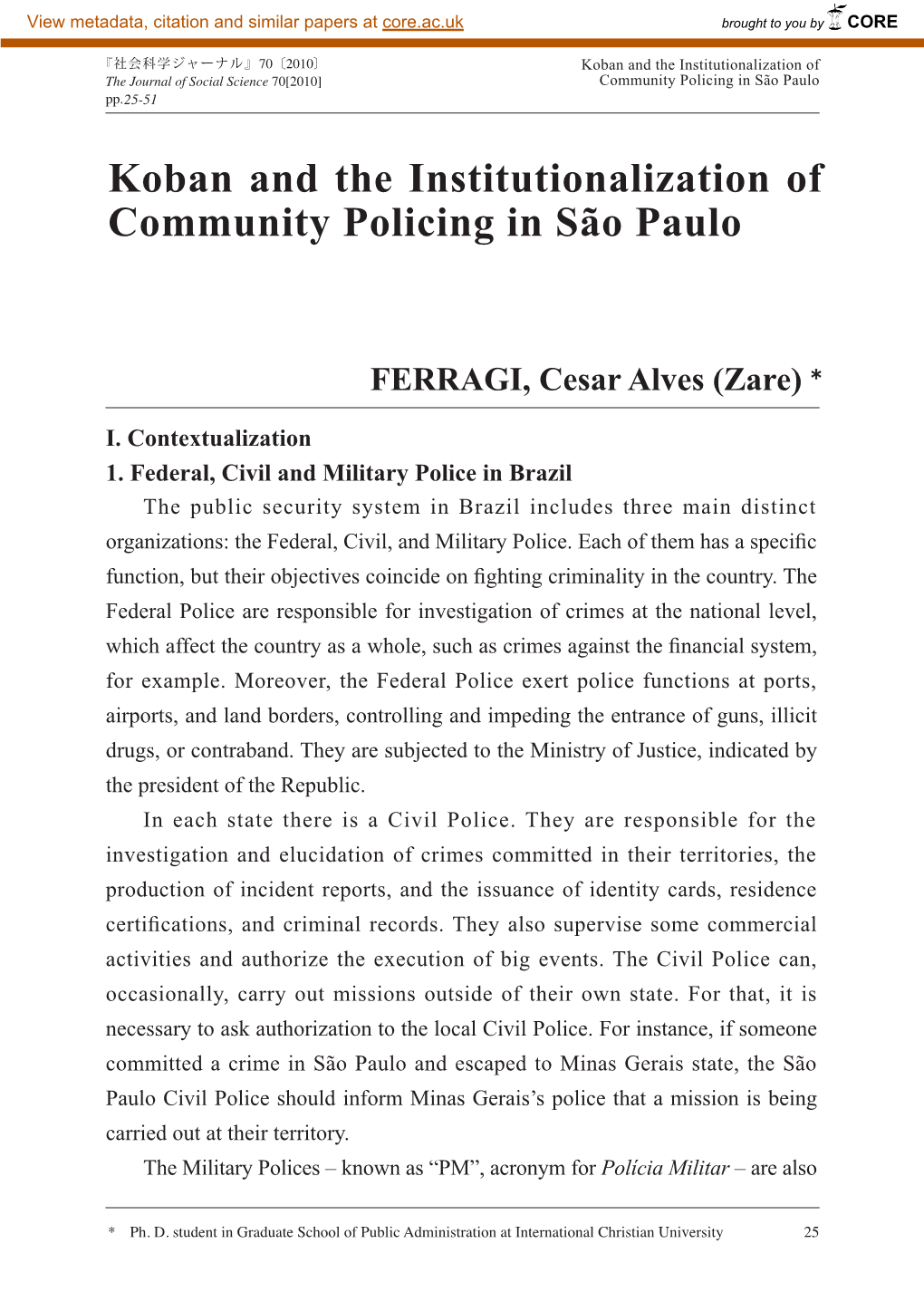 Koban and the Institutionalization of Community Policing in São Paulo 25-51
