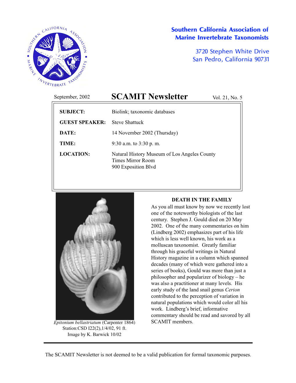 SCAMIT Newsletter Vol. 21 No. 5 2002 September