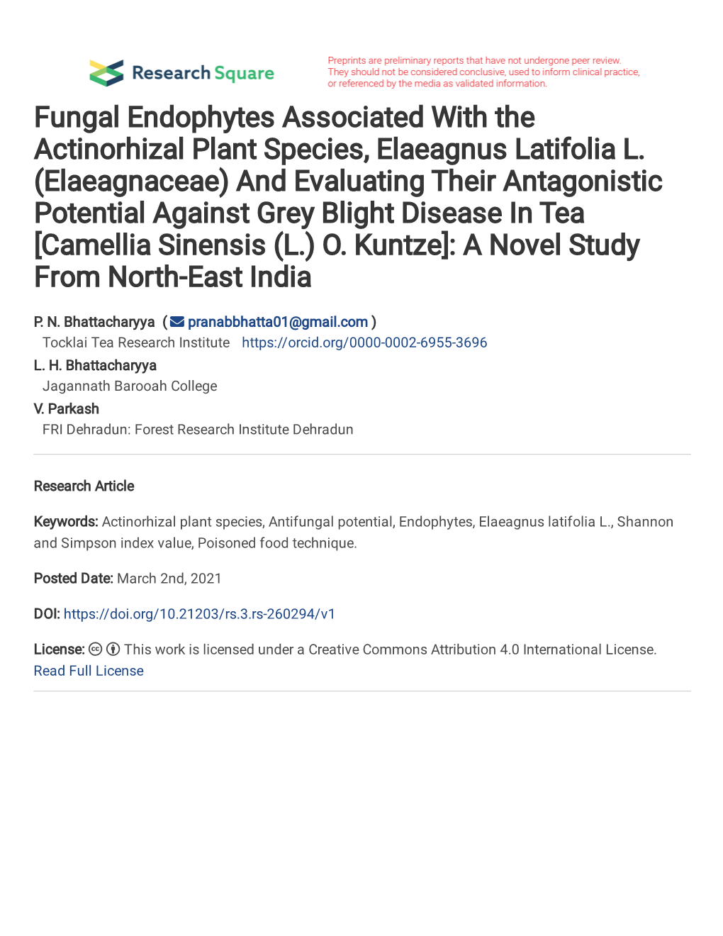 Fungal Endophytes Associated with the Actinorhizal Plant Species, Elaeagnus Latifolia L