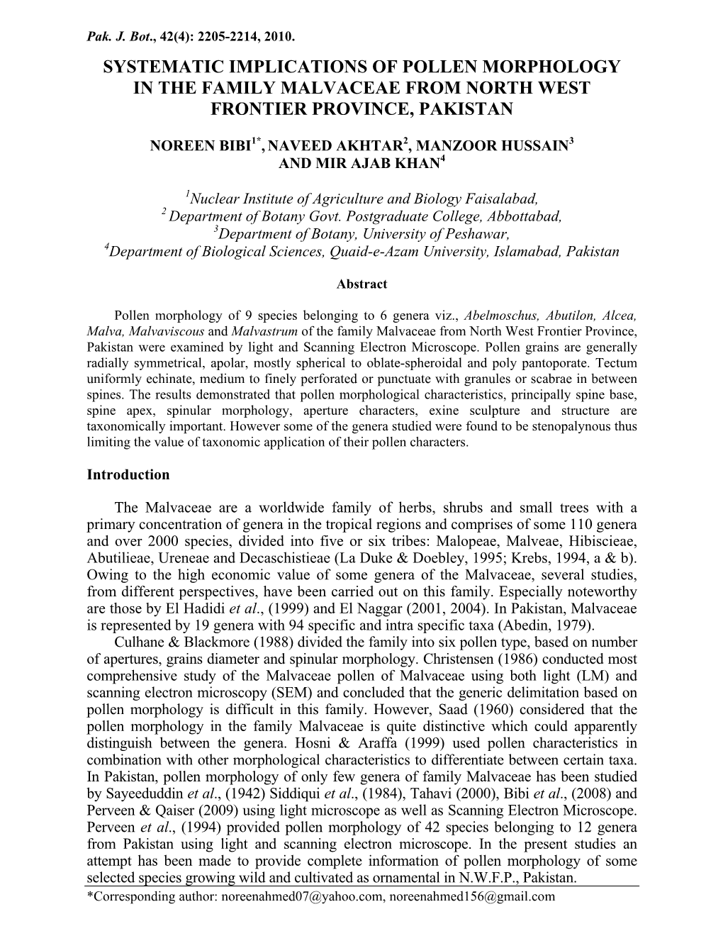 Systematic Implications of Pollen Morphology in the Family Malvaceae from North West Frontier Province, Pakistan