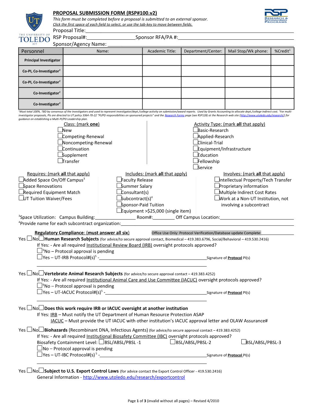 Proposal Submission Form (Rsp#100)