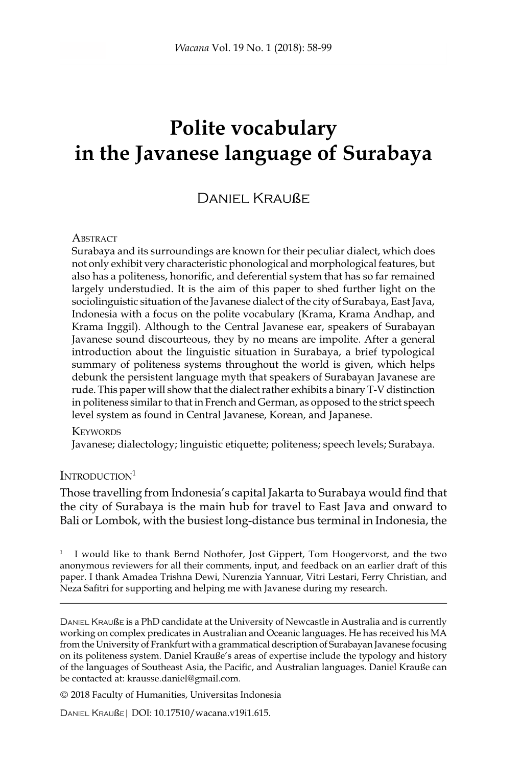 Polite Vocabulary in the Javanese Language of Surabaya