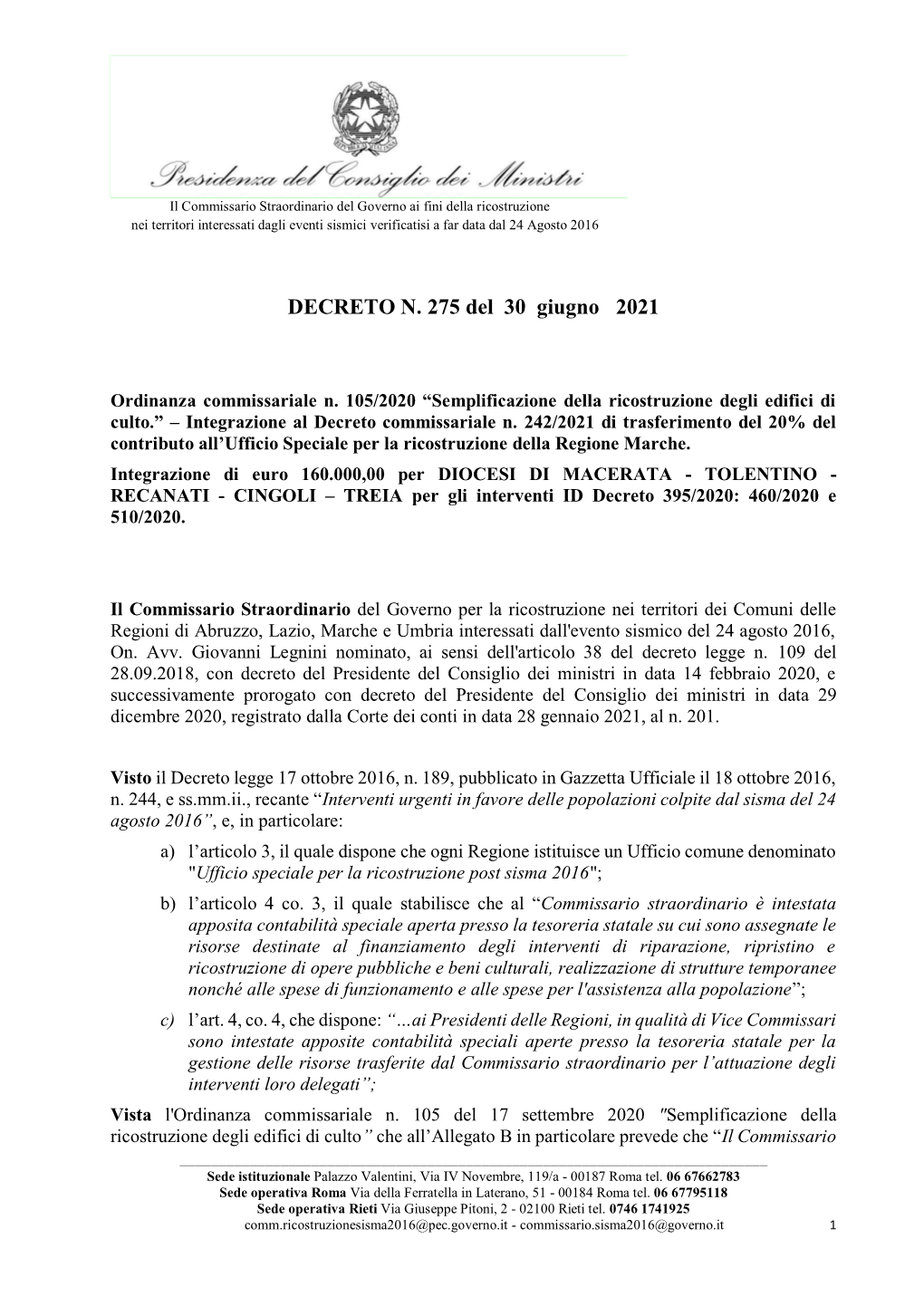 DECRETO N. 275 Del 30 Giugno 2021