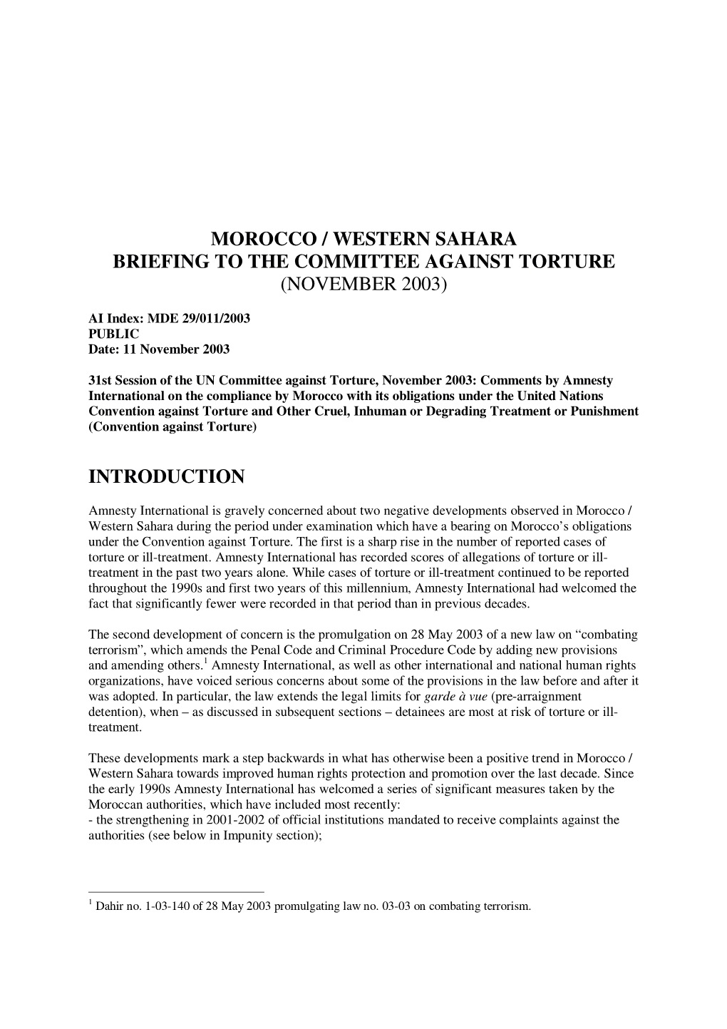 Morocco / Western Sahara Briefing to the Committee Against Torture (November 2003)