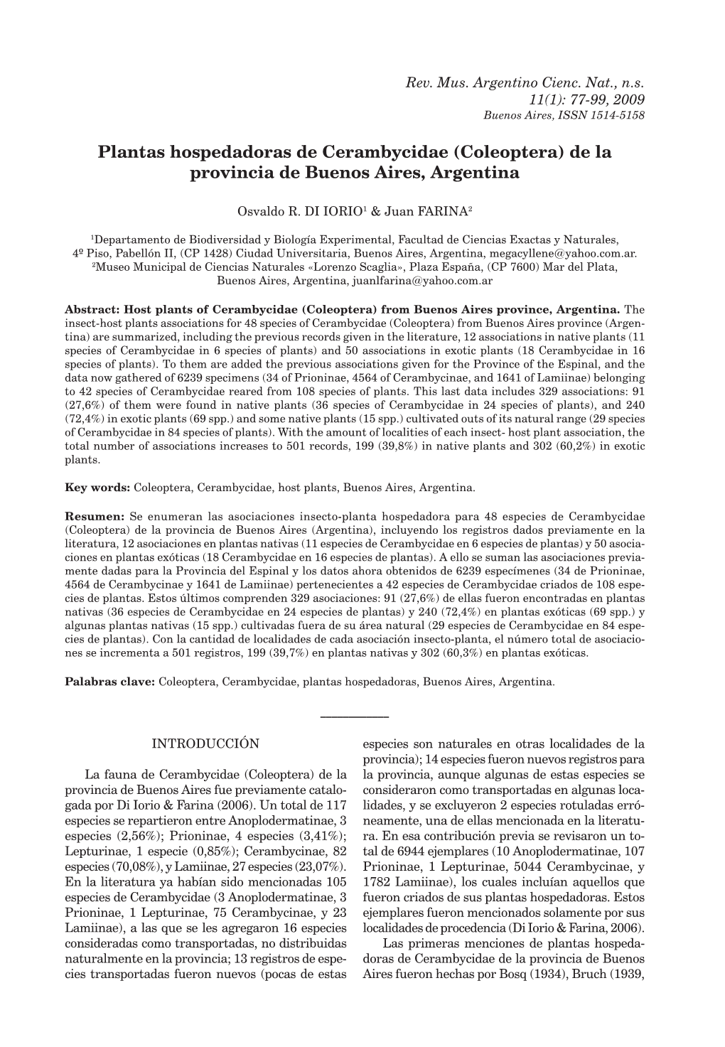 Plantas Hospedadoras De Cerambycidae (Coleoptera) De La Provincia De Buenos Aires, Argentina