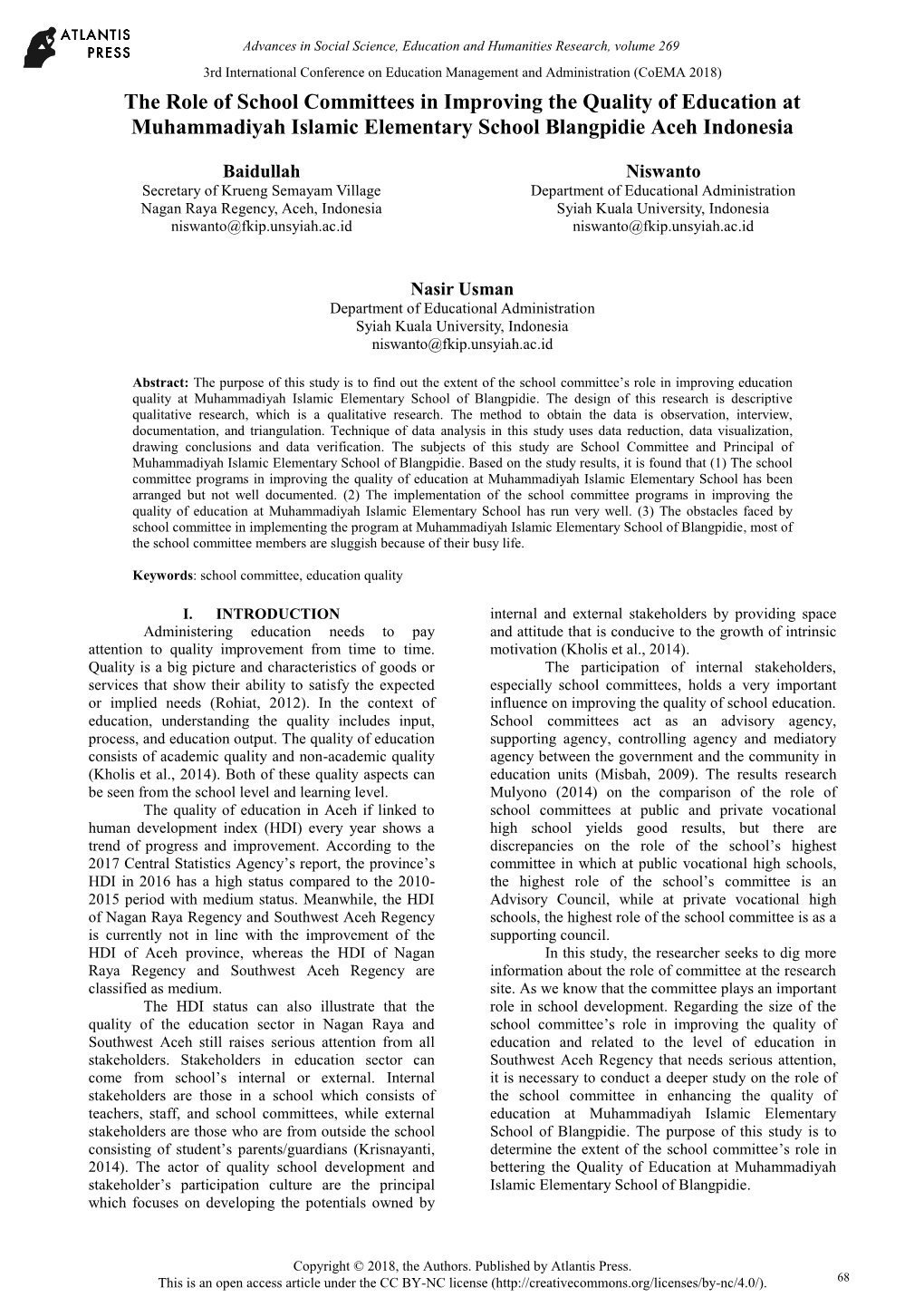 The Role of School Committees in Improving the Quality of Education at Muhammadiyah Islamic Elementary School Blangpidie Aceh Indonesia