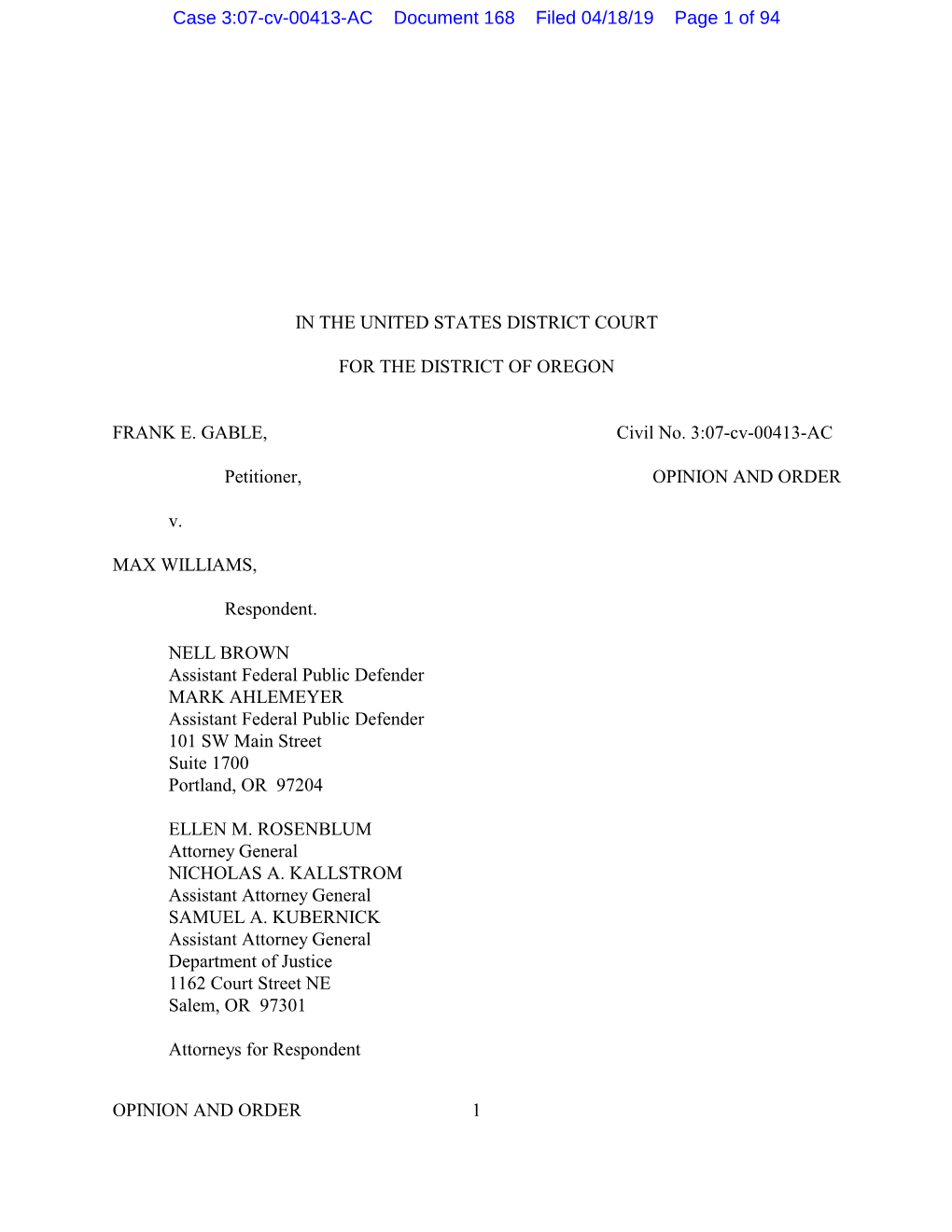 Case 3:07-Cv-00413-AC Document 168 Filed 04/18/19 Page 1 of 94
