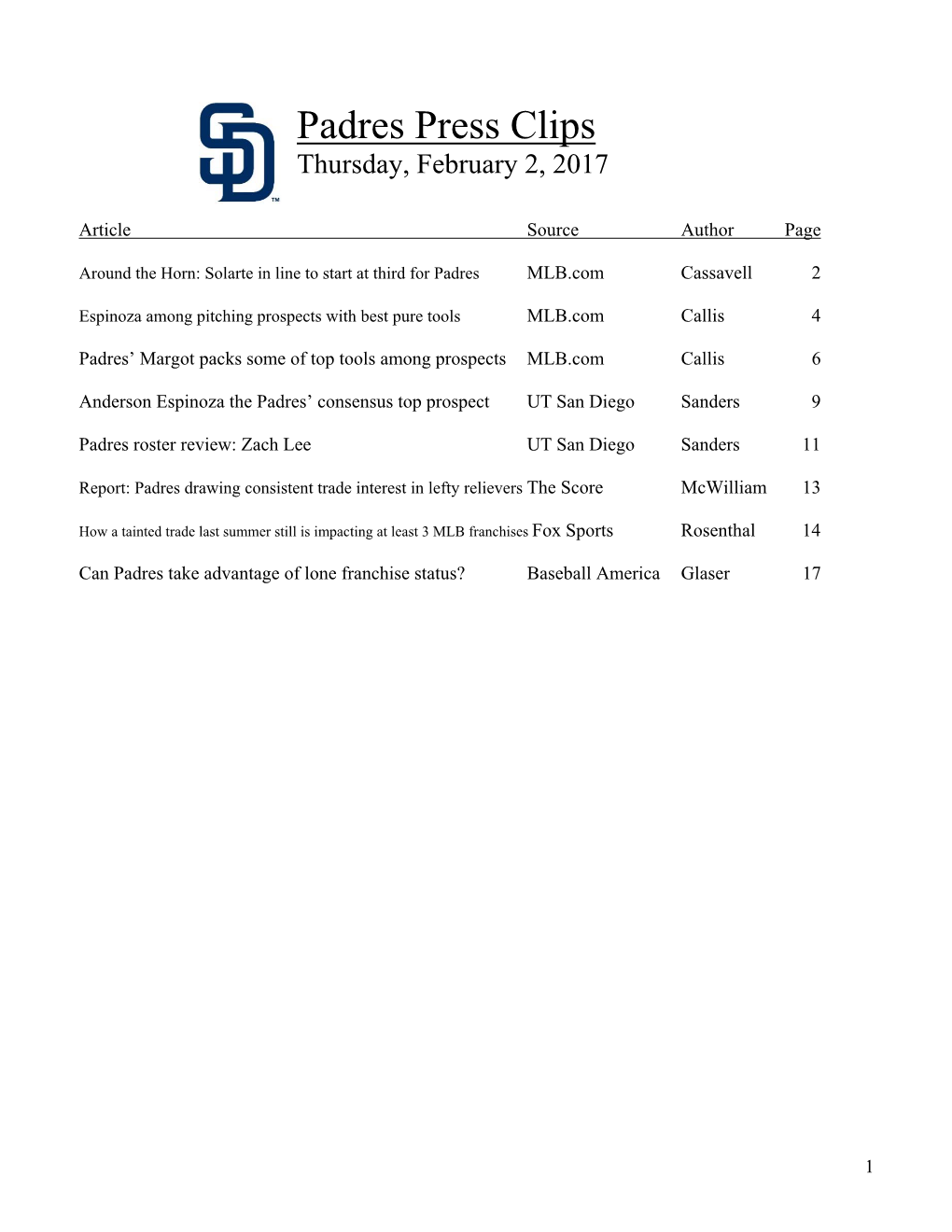 Padres Press Clips Thursday, February 2, 2017