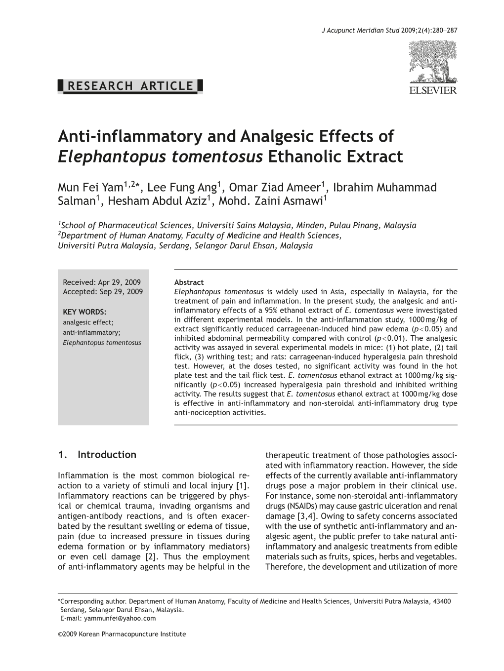 Anti-Inflammatory and Analgesic Effects of Elephantopus Tomentosus Ethanolic Extract