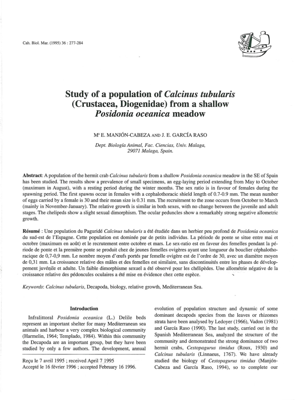 Study of a Population of Calcinus Tubularis (Crustacea, Diogenidae) from a Shallow Posidonia Oceanica Meadow