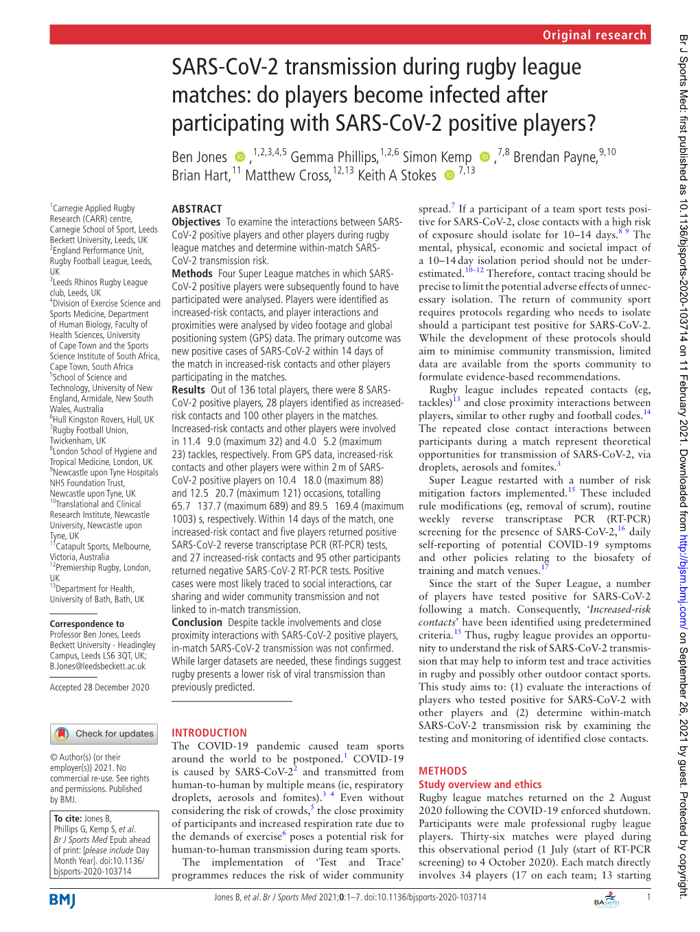 SARS-Cov-2 Transmission During Rugby League Matches: Do Players Become Infected After Participating with SARS-Cov-2 Positive