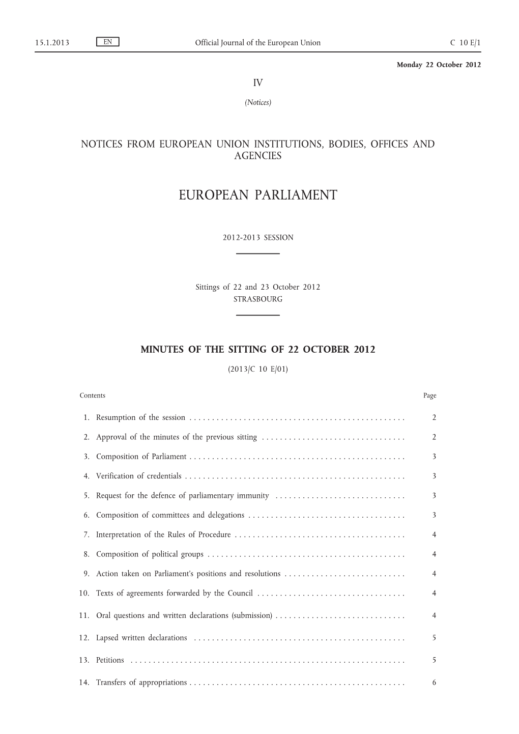 Minutes of the Sitting of 22 October 2012