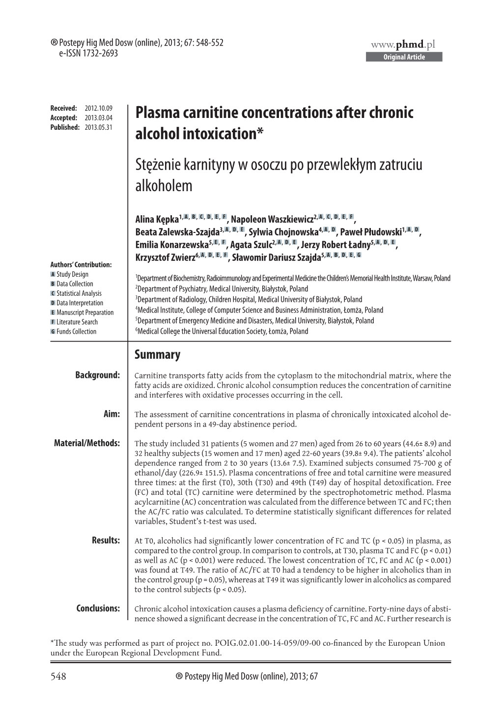 Plasma Carnitine Concentrations After Chronic Alcohol Intoxication