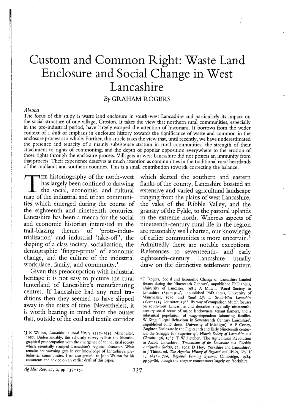 Waste Land Enclosure and Social Change in West Lancashire