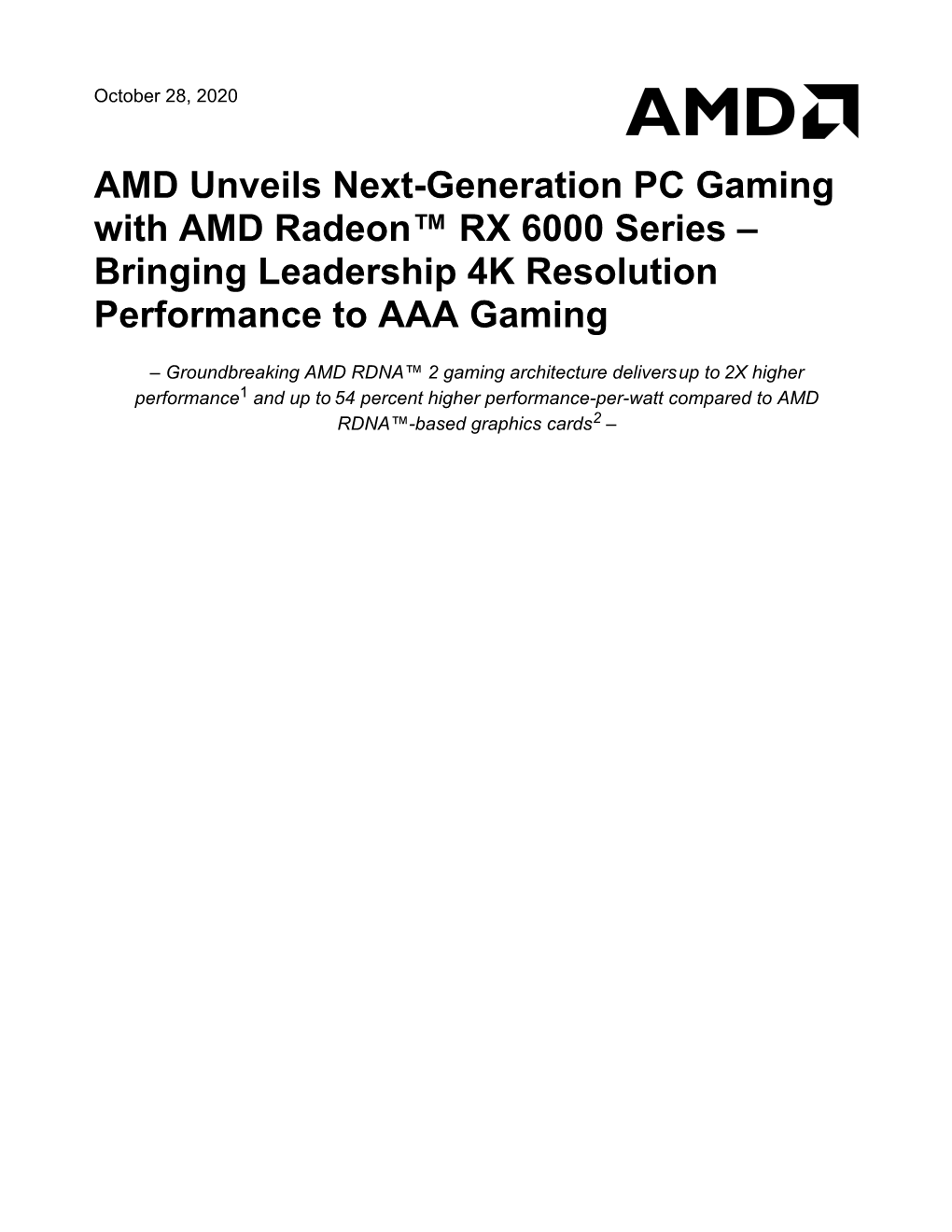AMD Unveils Next-Generation PC Gaming with AMD Radeon™ RX 6000 Series – Bringing Leadership 4K Resolution Performance to AAA Gaming