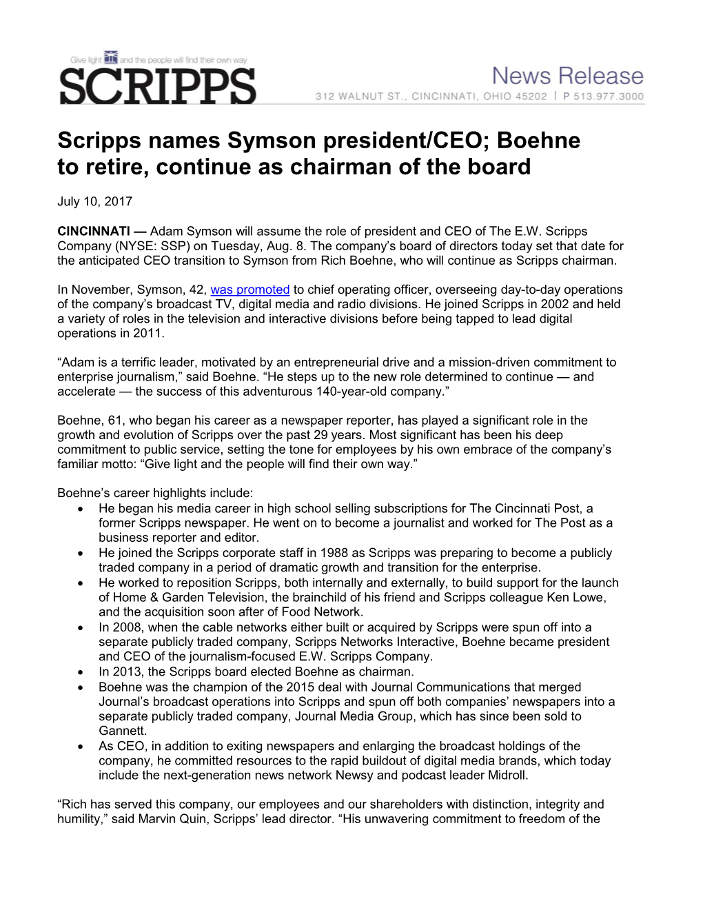 Scripps Names Symson President/CEO; Boehne to Retire, Continue As Chairman of the Board