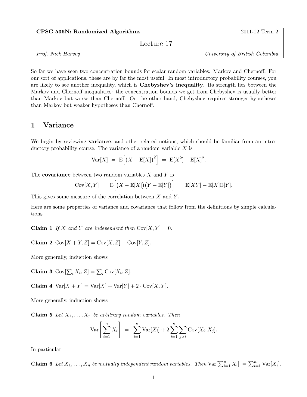 Lecture 17 1 Variance