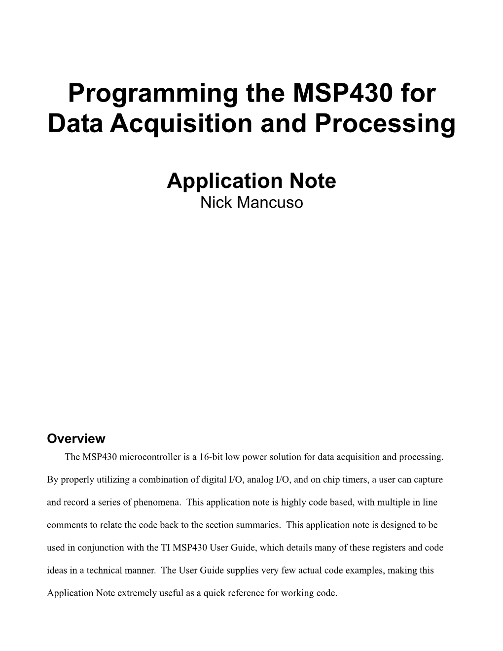 Programming the MSP430 for Data Acquisition and Processing