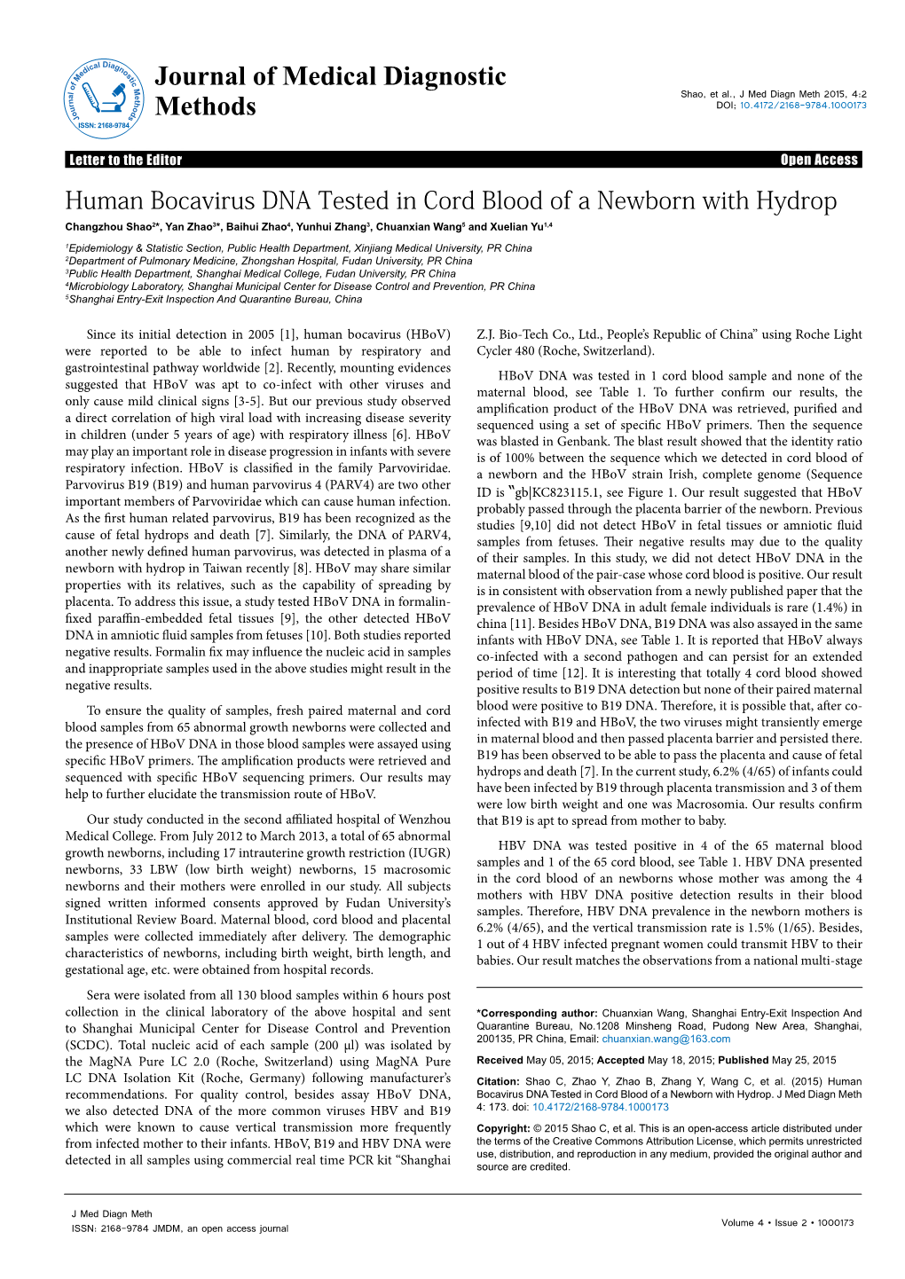 Human Bocavirus DNA Tested in Cord Blood of a Newborn with Hydrop