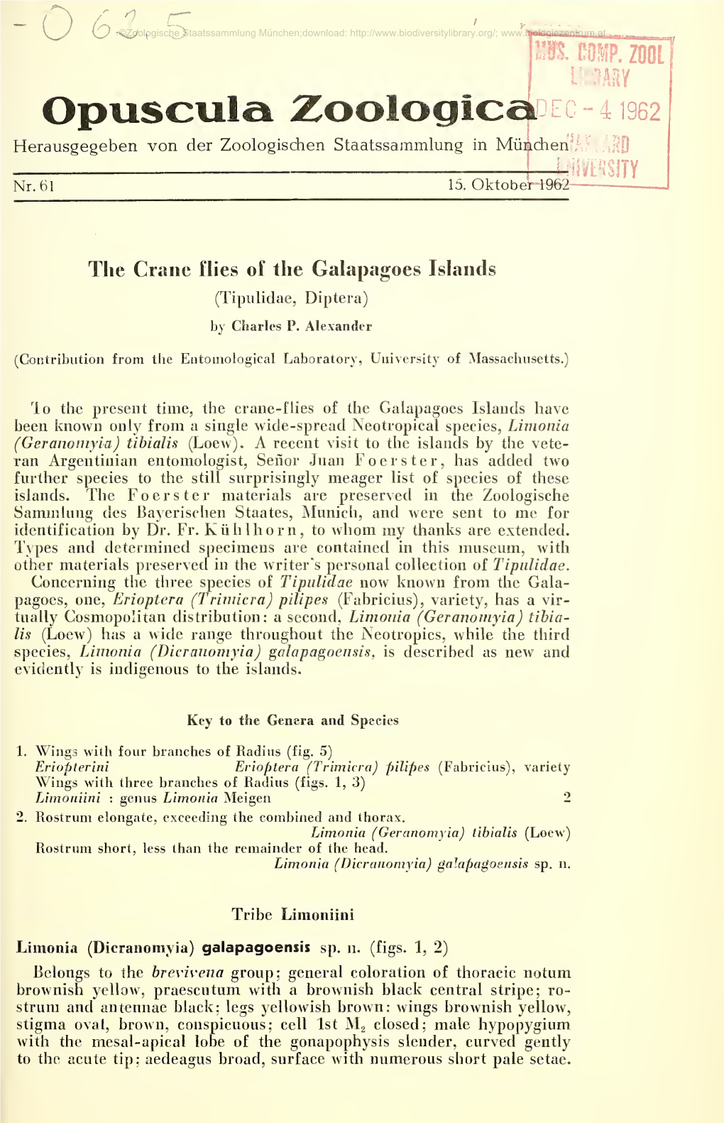 Opuscula Zoologica EC -4 1962 Herausgegeben Von Der Zoologischen Staatssammlung in Müijidienfahi'/Iho