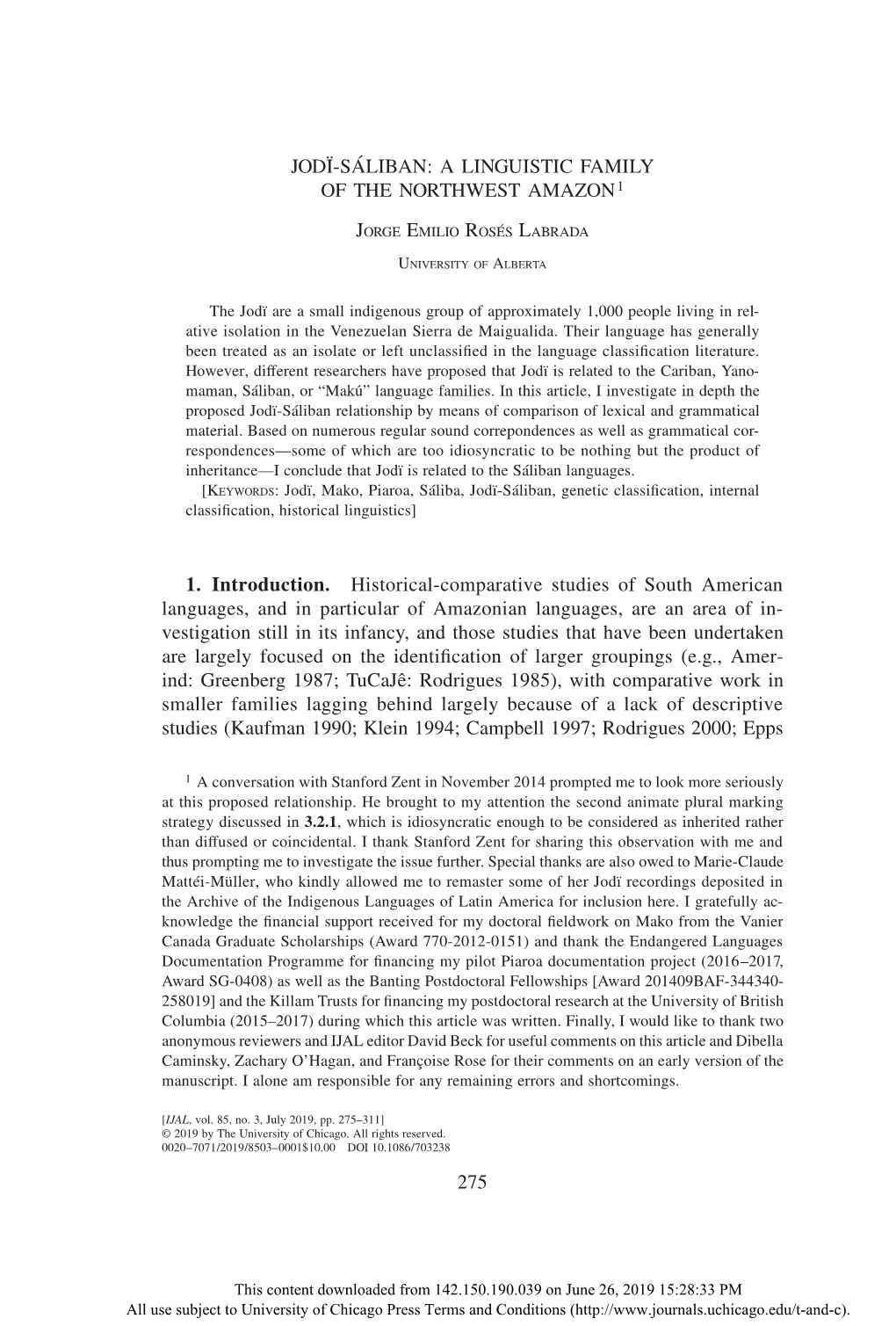 Jodï-Sáliban: a Linguistic Family of the Northwest Amazon 1