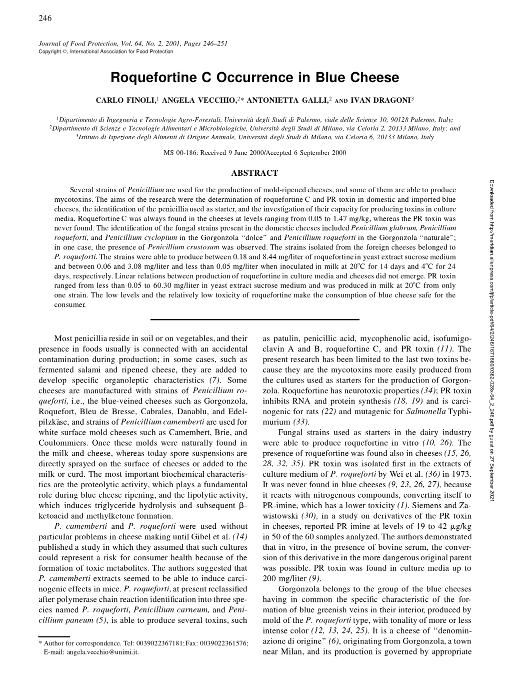 Roquefortine C Occurrence in Blue Cheese