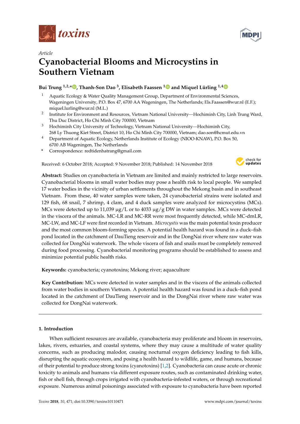 Cyanobacterial Blooms and Microcystins in Southern Vietnam