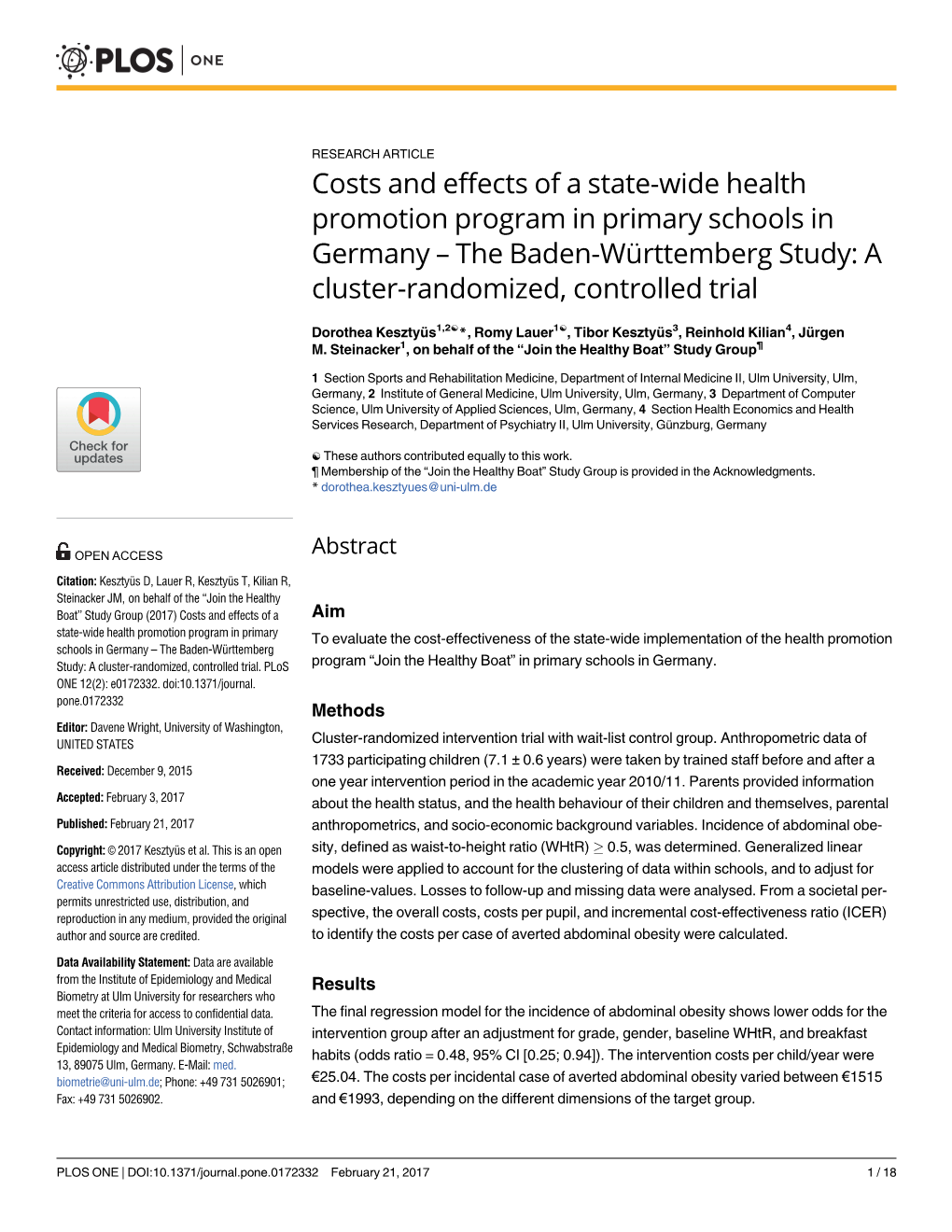 Costs and Effects of a State-Wide Health Promotion Program in Primary Schools in Germany – the Baden-Wu¨Rttemberg Study: a Cluster-Randomized, Controlled Trial