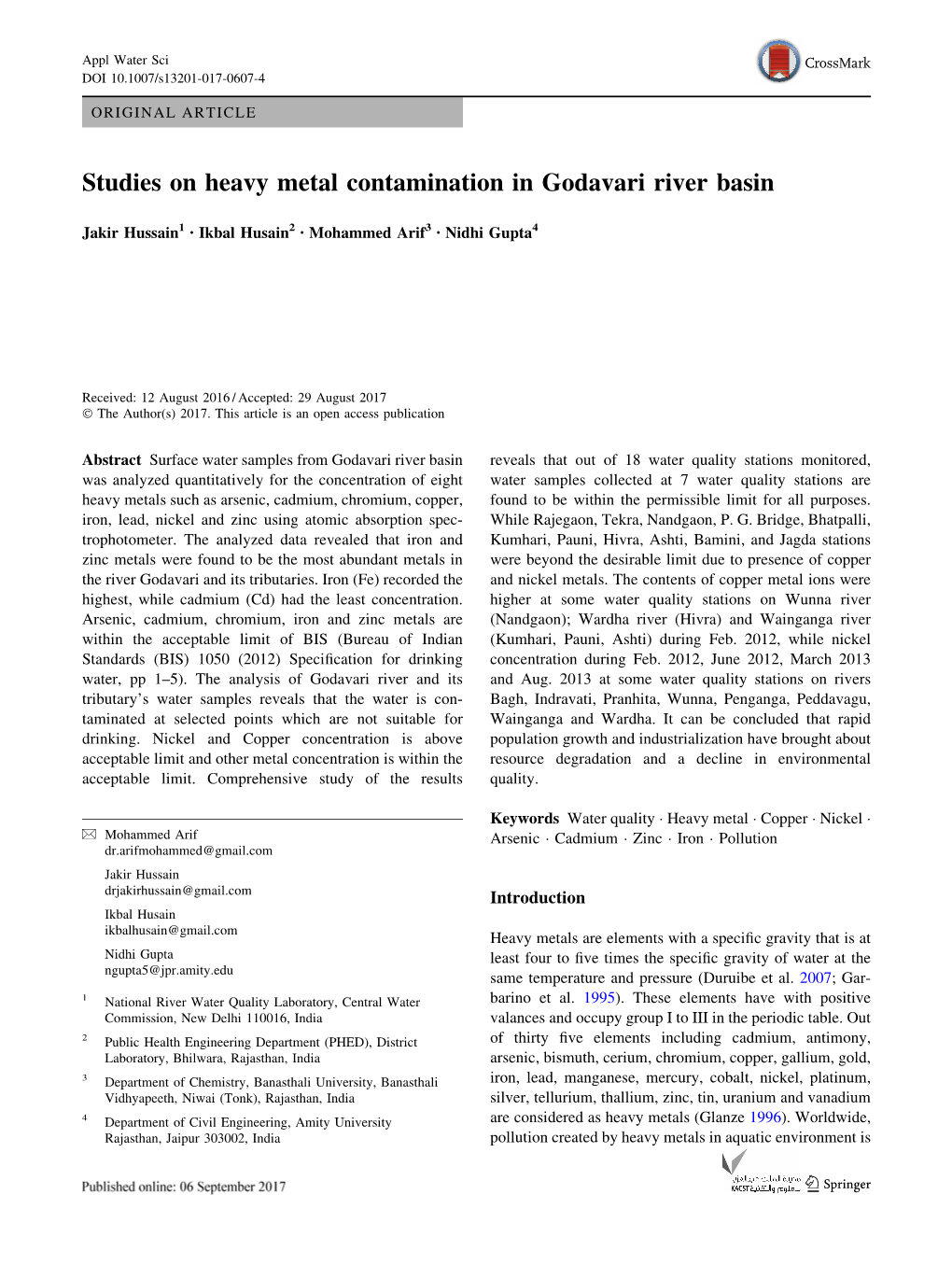 Studies on Heavy Metal Contamination in Godavari River Basin