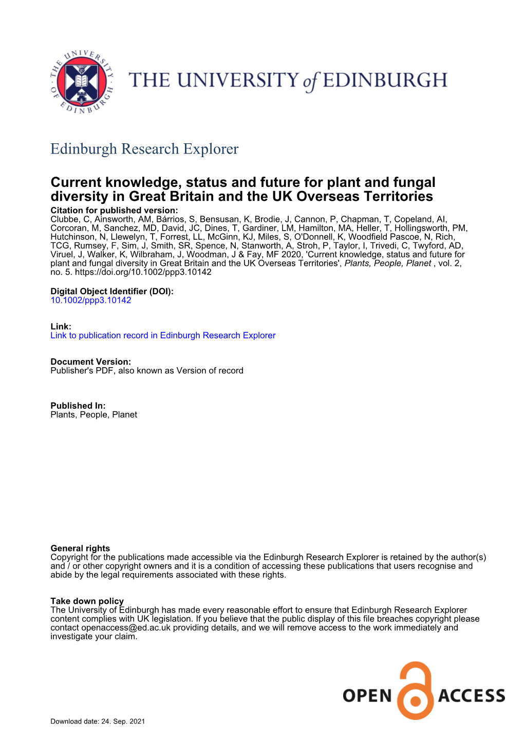 Current Knowledge, Status, and Future for Plant and Fungal Diversity in Great Britain and the UK Overseas Territories