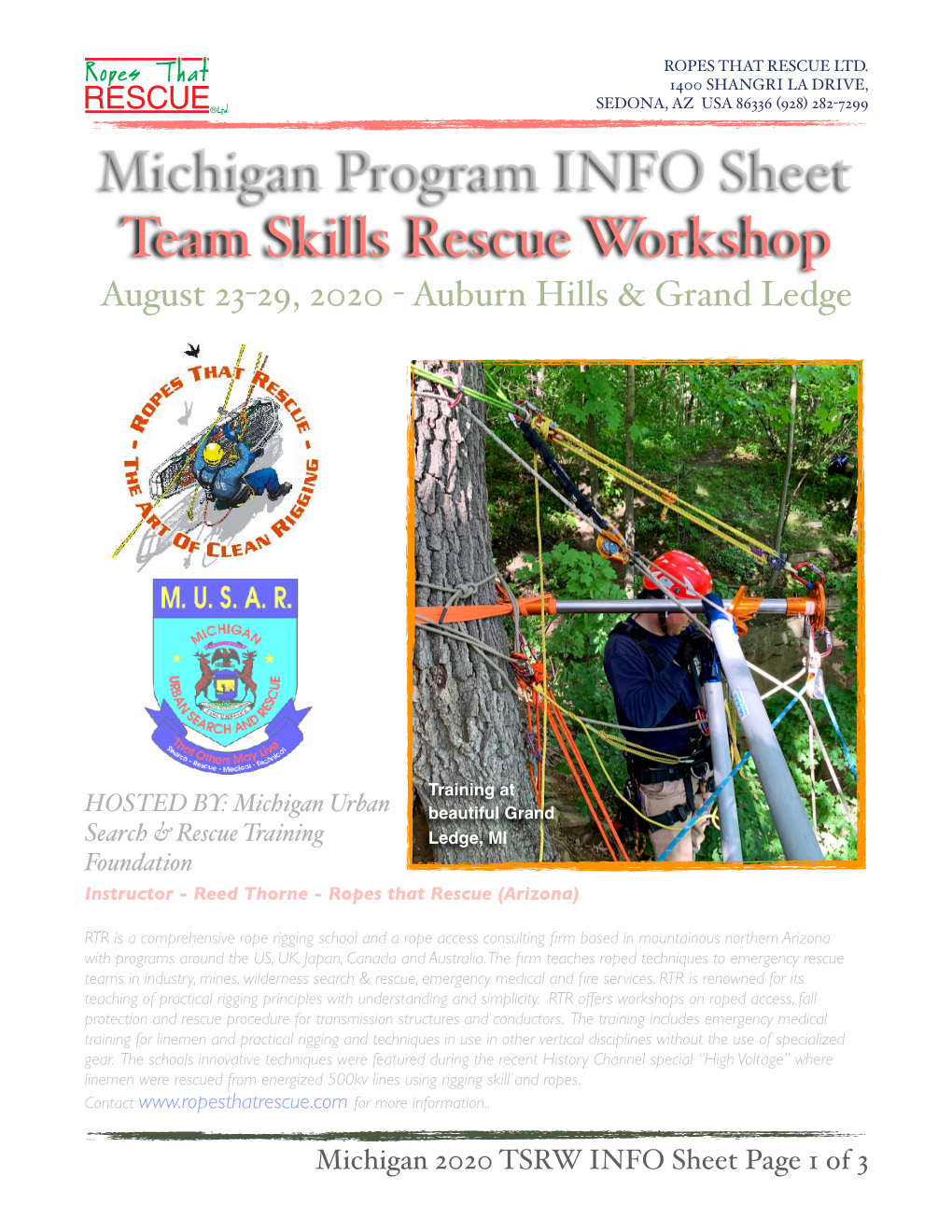 Michigan Program INFO Sheet Team Skills Rescue Workshop August 23-29, 2020 - Auburn Hills & Grand Ledge